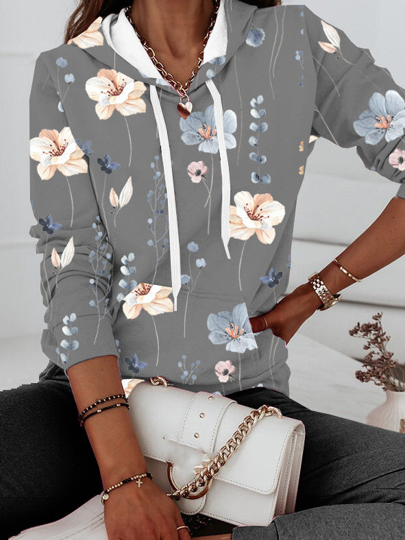 Damen Kapuzenpullover mit floralem Print und Kängurutasche Drune
