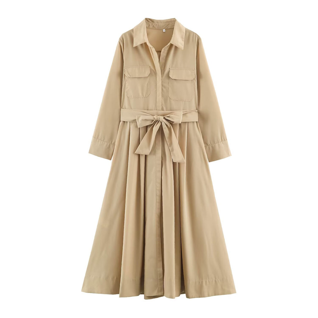 Damen Hemdblusenkleid mit Taillengürtel und A-Linien-Skirt Drune