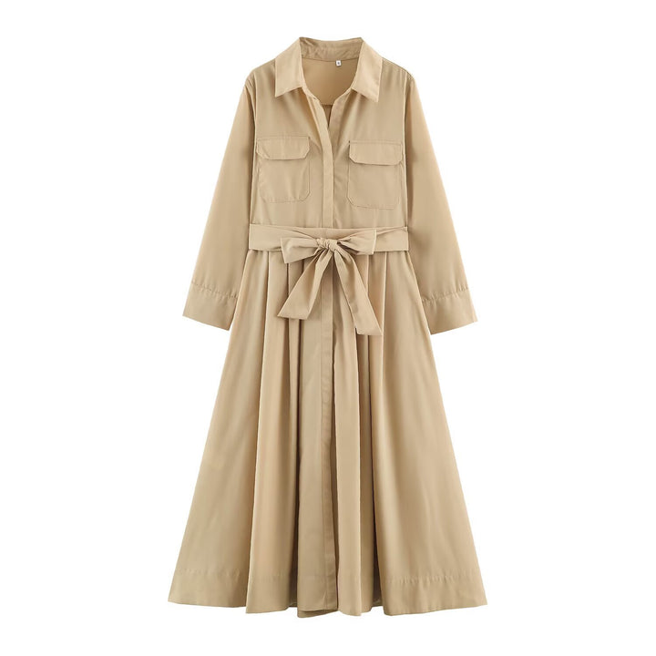 Damen Hemdblusenkleid mit Taillengürtel und A-Linien-Skirt Drune
