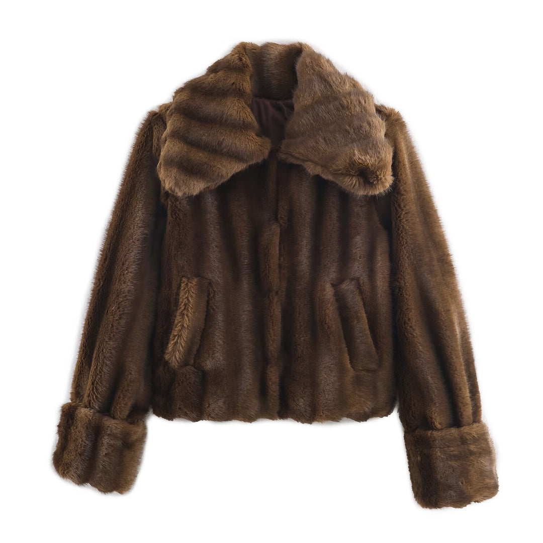 Damen Kurzjacke aus Kunstpelz mit großem Schalkragen und Umschlagärmeln Drune