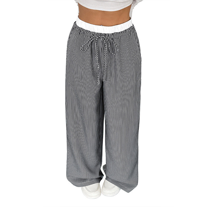 Damen Weite Streifen-Hose im Palazzo-Stil mit Smok-Taillenbund und Kordelzug Drune