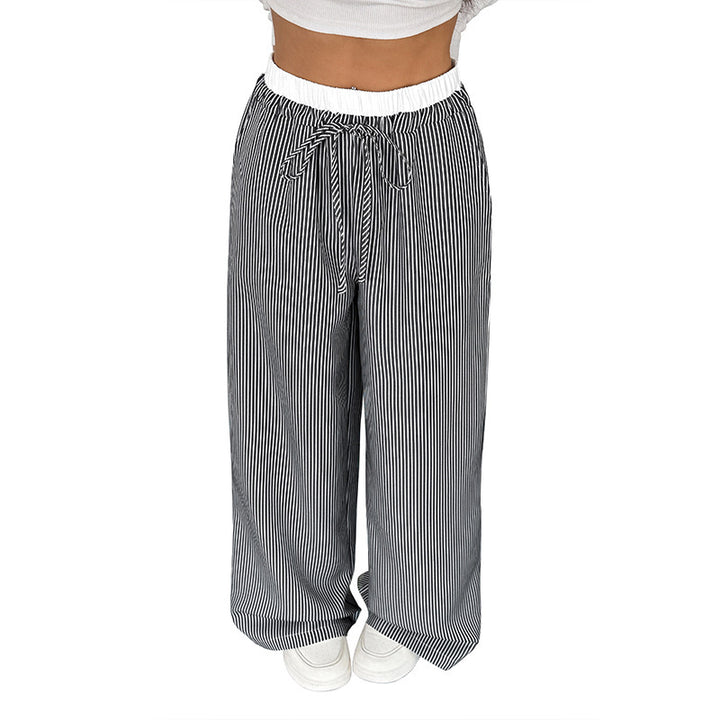 Damen Weite Streifen-Hose im Palazzo-Stil mit Smok-Taillenbund und Kordelzug Drune