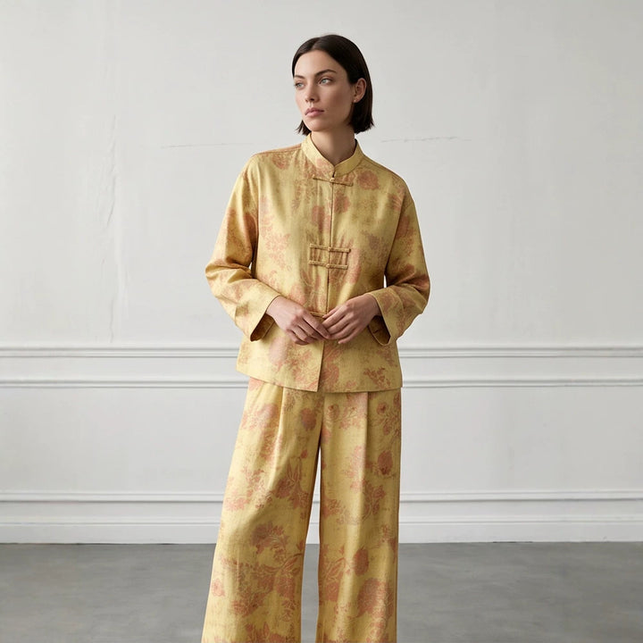 Damen Zweiteiliges Jacquard-Set mit Mandarin-Kragen und weit geschnittener Hose Drune