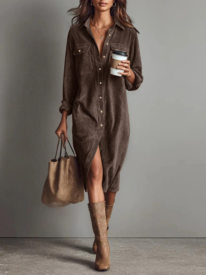 Damen Hemdblusenkleid aus Cord mit Brusttaschen, Knopfleiste und Schlitze Drune