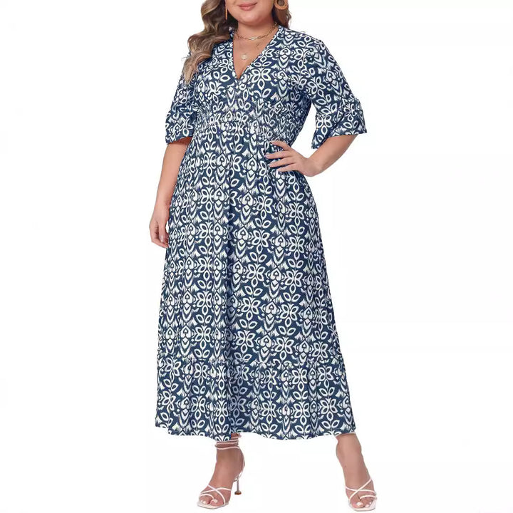 Damen Midikleid in A‑Linie mit grafischem Allover‑Print, geraffter Taillenpartie und Volantstufen Drune
