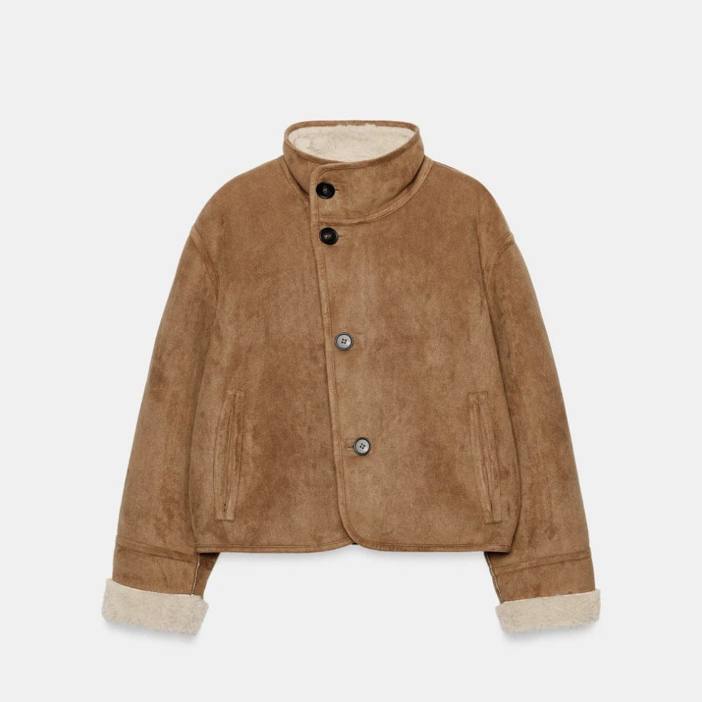 Damen Kurzblouson aus Velourslederoptik mit Teddyfutter und weitem Umlegekragen Drune