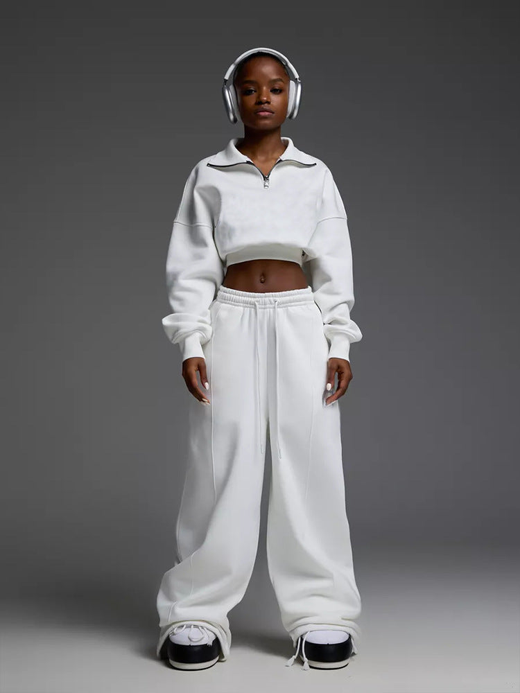 Damen nan kurzes Half-Zip Sweatshirt-Set mit hochtaillierter weiter Lounge-Jogginghose Drune