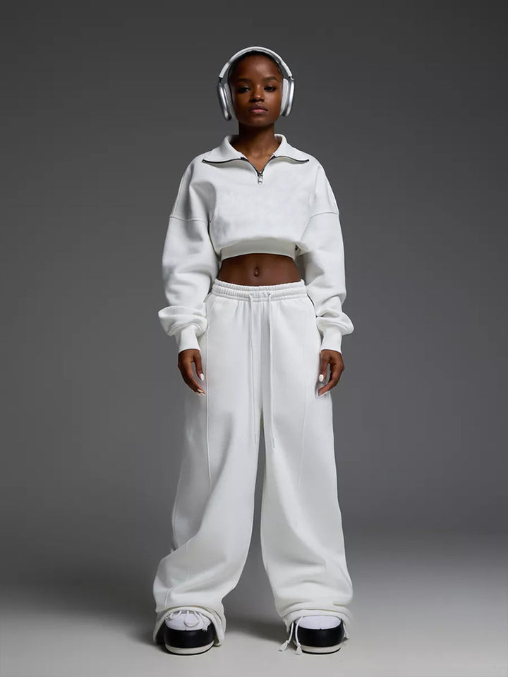 Damen nan kurzes Half-Zip Sweatshirt-Set mit hochtaillierter weiter Lounge-Jogginghose Drune