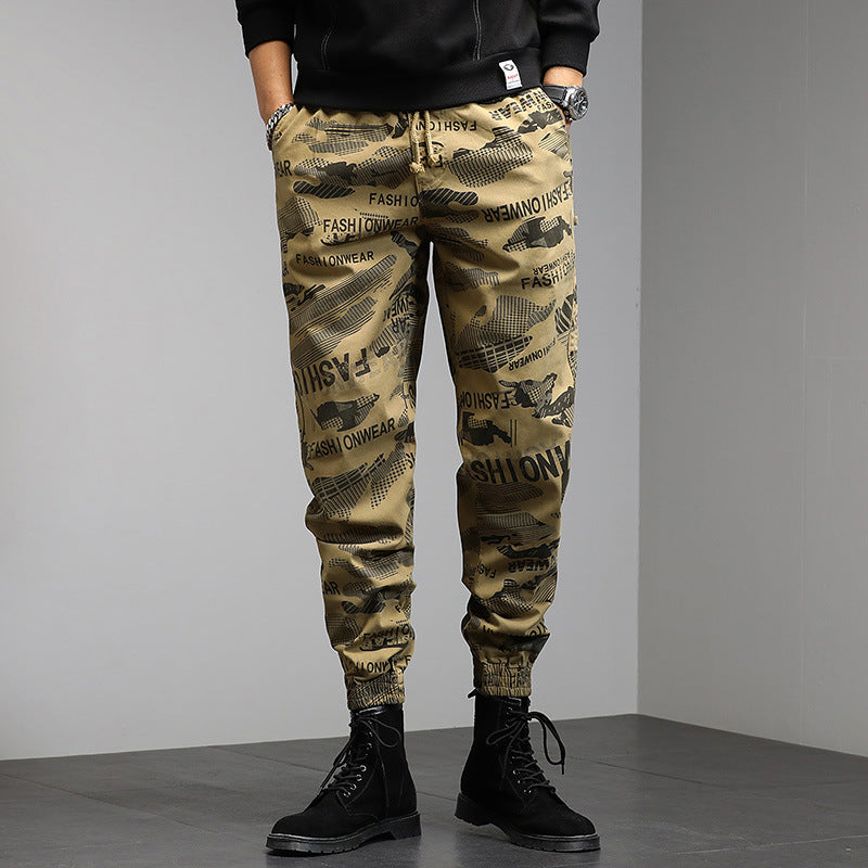 Herren Camouflage-Print Jogger-Cargohose mit elastischem Tunnelzugbund und gerippten Knöcheln Drune