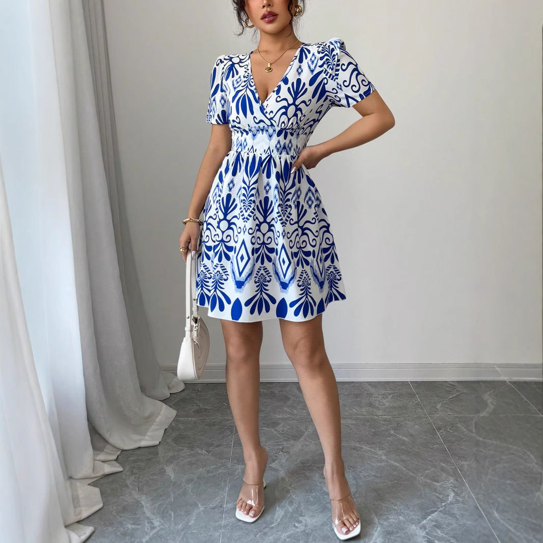 Damen Sommerliches Mini-Kleid mit elegantem V-Ausschnitt und floralen Mustern Drune