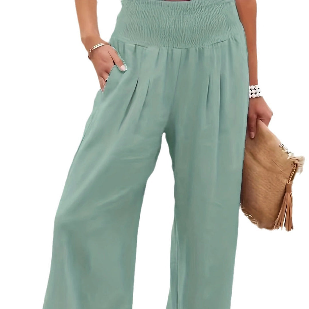 Damen Weite Leinenhose mit elastischem Bund und Falten Drune