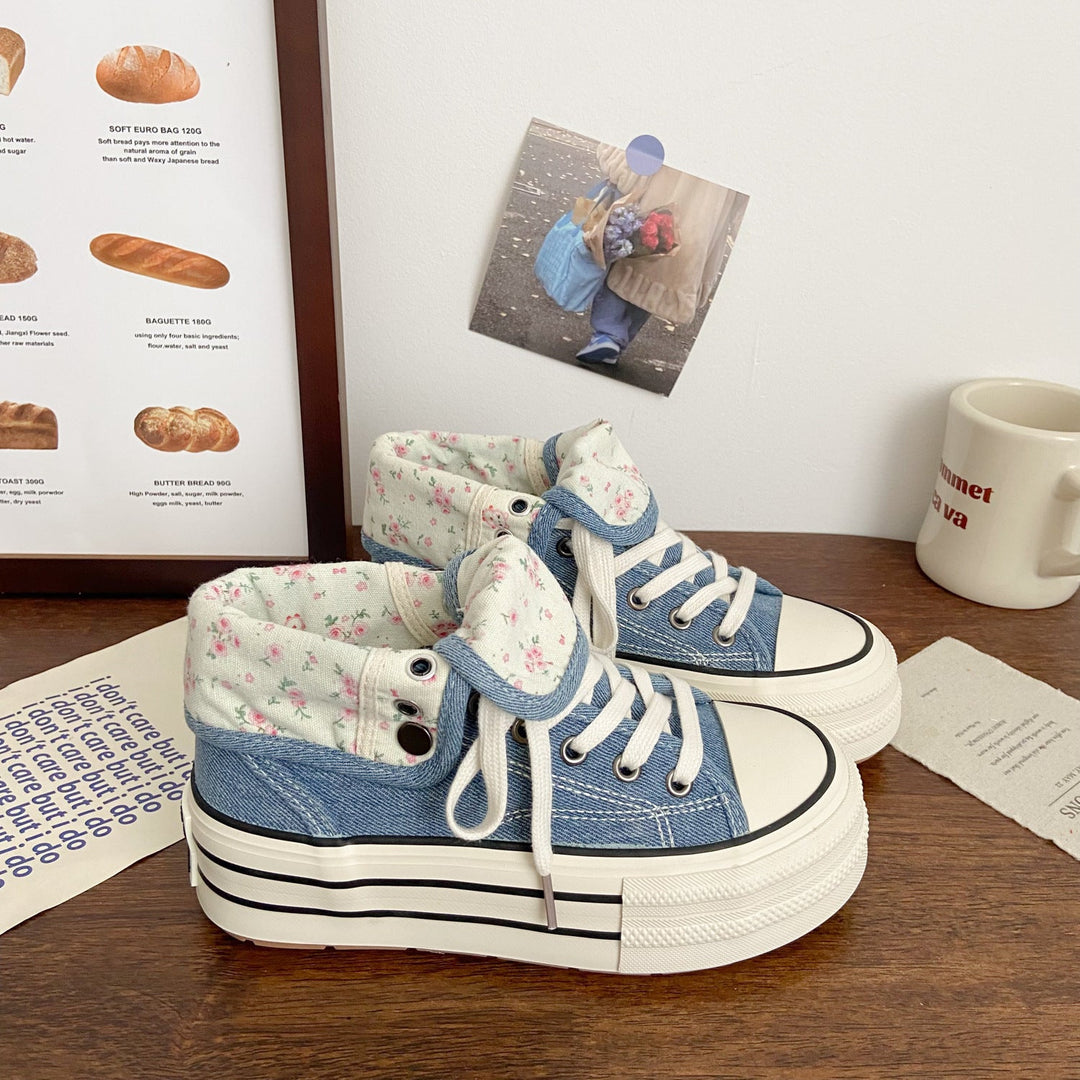 Damen Modische Plateau Sneakers mit floralem Innenfutter Drune