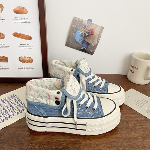 Damen Modische Plateau Sneakers mit floralem Innenfutter Drune