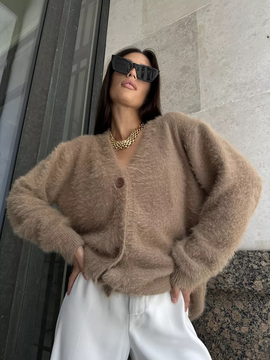 Damen Flauschige Strickjacke mit offenem Design und weichen Ärmeln Drune