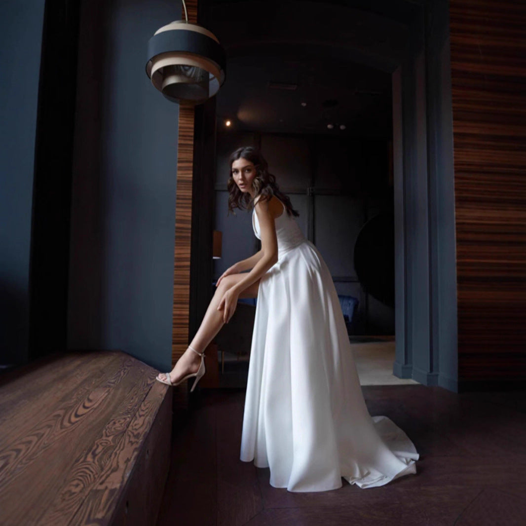 Damen elegantes Hochzeitskleid mit tiefem V-Ausschnitt und seitlichem Schlitz Drune