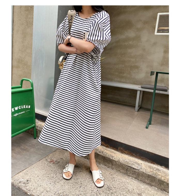 Damen Gestreiftes Midikleid mit A‑Linie, überschnittenen Schultern und voluminösen 3/4‑Ärmeln Drune
