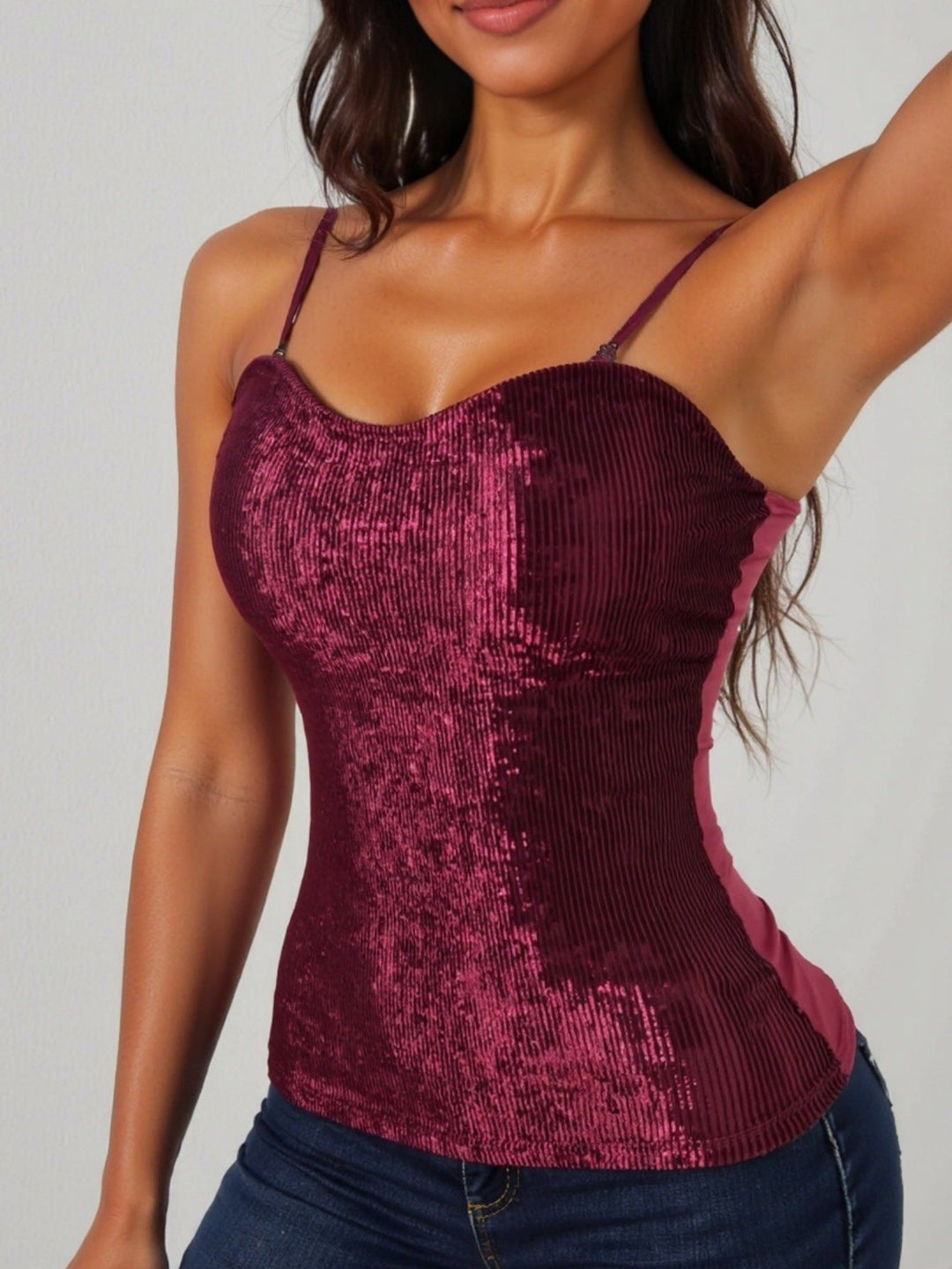 Damen elegantes Spaghettiträgershirt mit luxuriösem Paillettenbesatz und feinem Rippstrick Drune