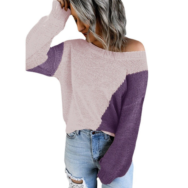 Damen Oversize Strickpullover mit Carmenausschnitt und Colorblock-Design Drune