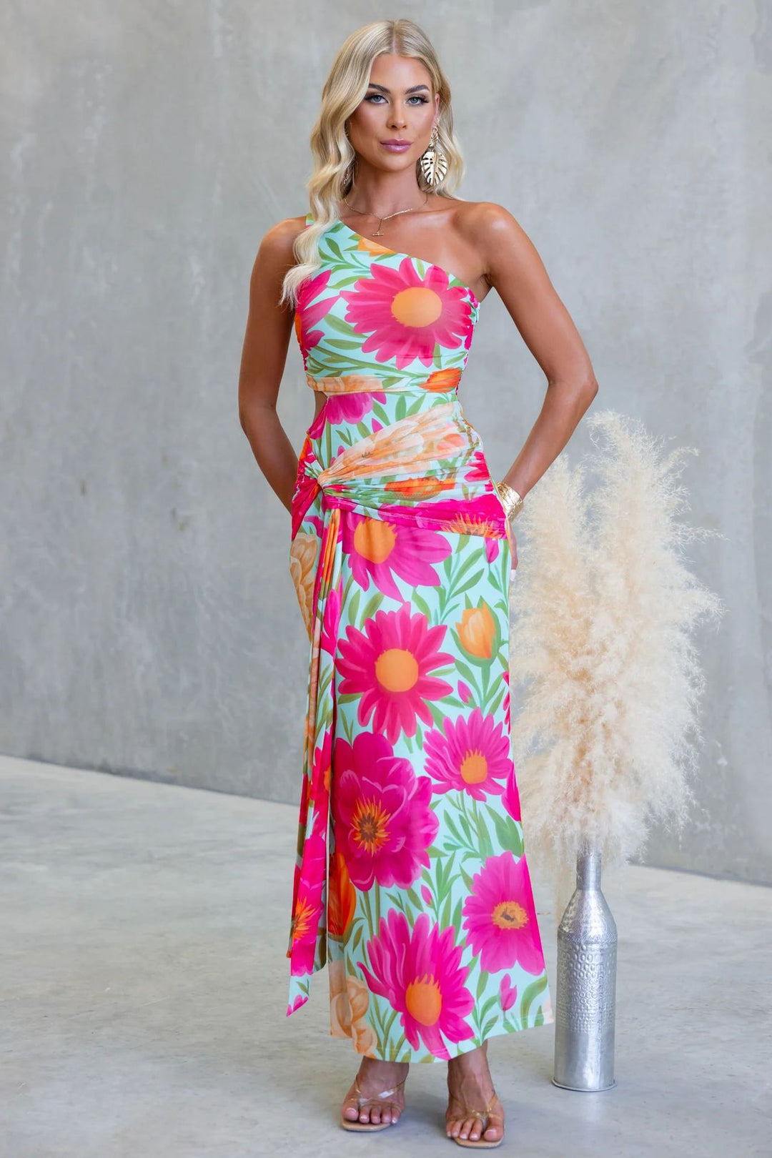 Damen Wickel-Maxikleid mit asymmetrischem Träger und floralen Akzenten Drune