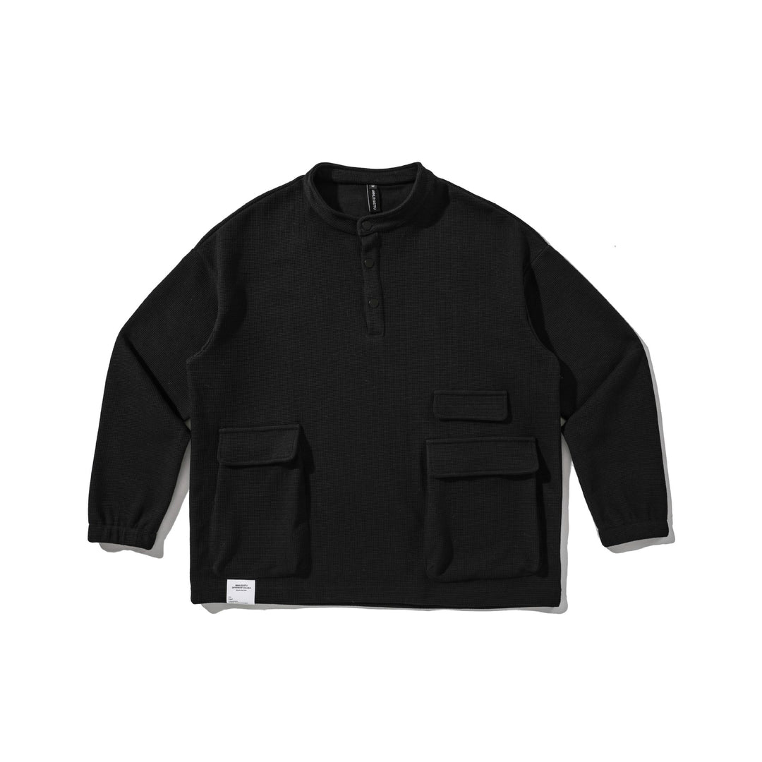 Herren Waffelstrick-Henley-Pullover mit Stehkragen, Druckknopfleiste und großen Utility-Taschen Drune
