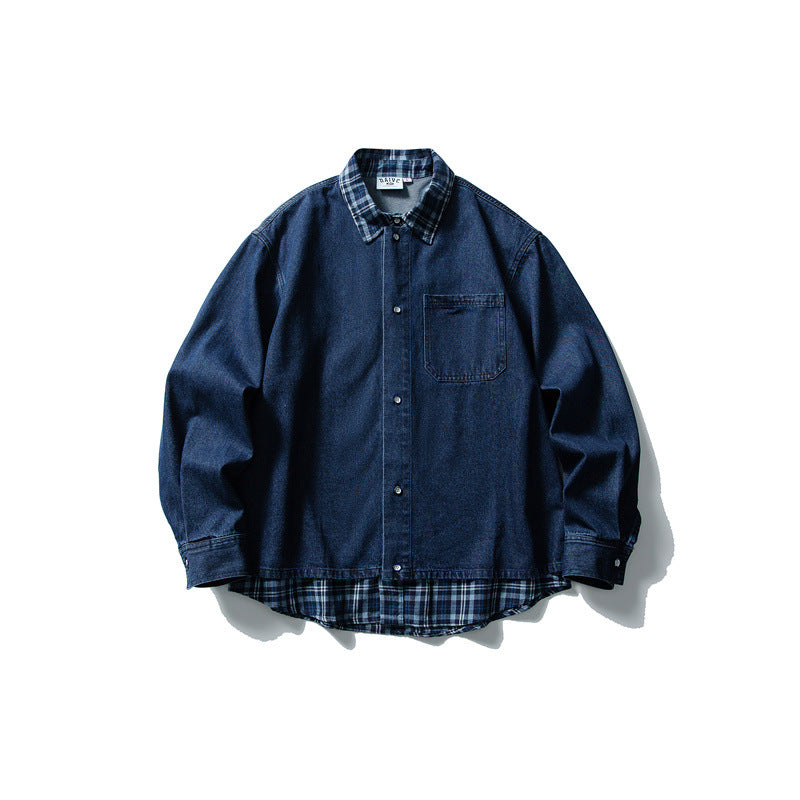 Herren Oversize Denim‑Hemdjacke mit karierter Innenlage, legerem Saum und Brusttasche Drune