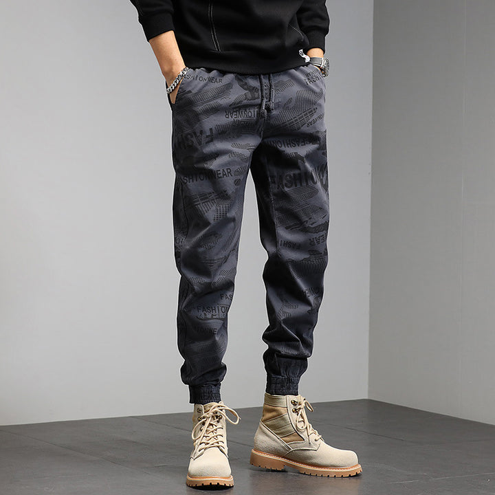 Herren Camouflage-Print Jogger-Cargohose mit elastischem Tunnelzugbund und gerippten Knöcheln Drune
