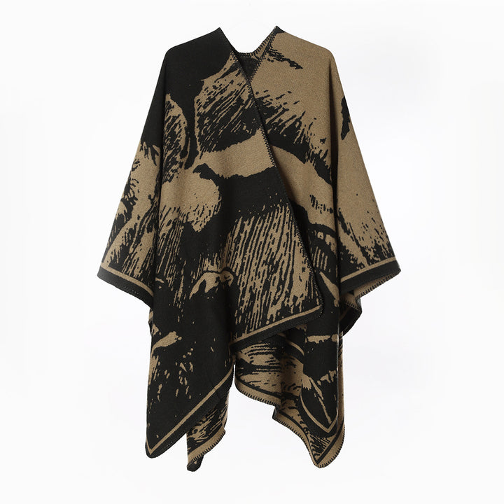 Damen Oversize‑Jacquard‑Cape mit abstraktem Naturmotiv und Kettelkante Drune
