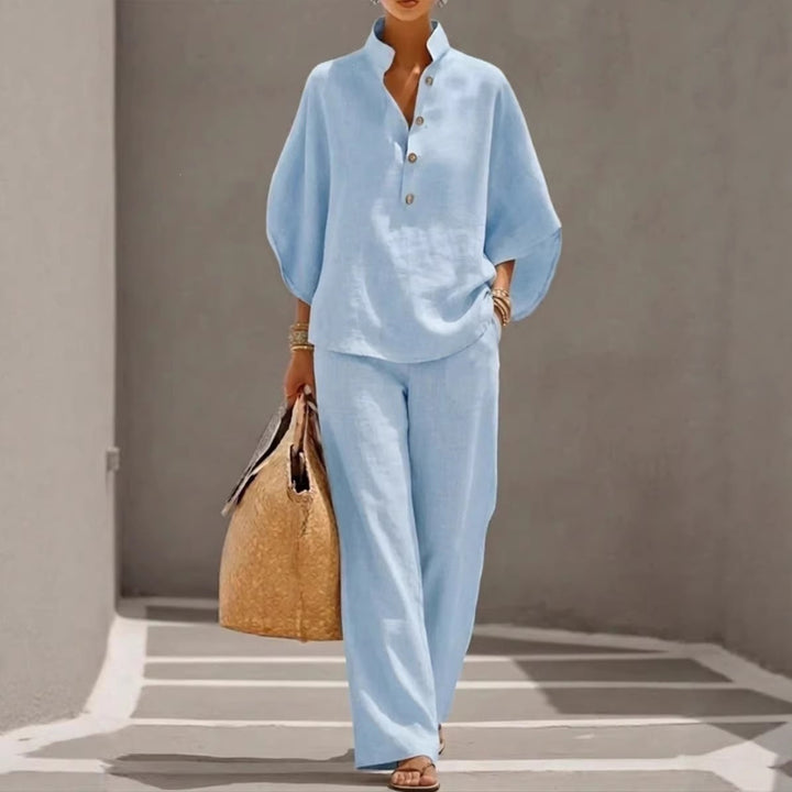 Damen Lockeres Leinenoptik-Zweiteiler mit Stehkragenbluse und weitem Palazzo-Hose Drune