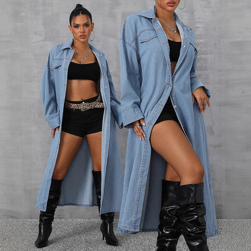 Damen Denim-Maxi-Jacke im lässigen Oversized-Schnitt mit bequemen Druckknöpfen und praktischen Taschen Drune