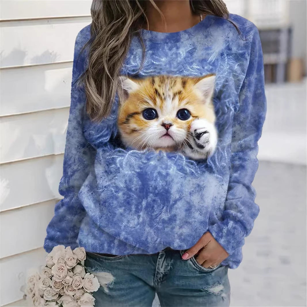 Damen Gemütlicher Übergroßer Fleece-Pullover mit Großem Welpenfoto-Print Drune
