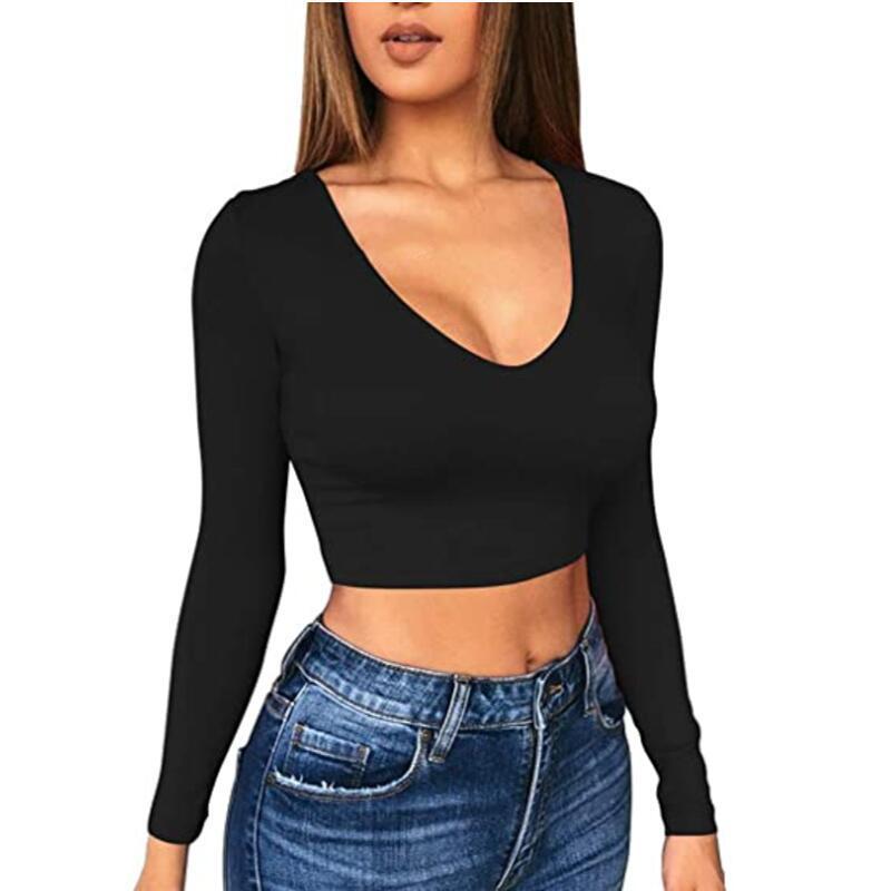 Damen modisches Crop-Top mit tiefem V-Ausschnitt und langen Ärmeln Drune