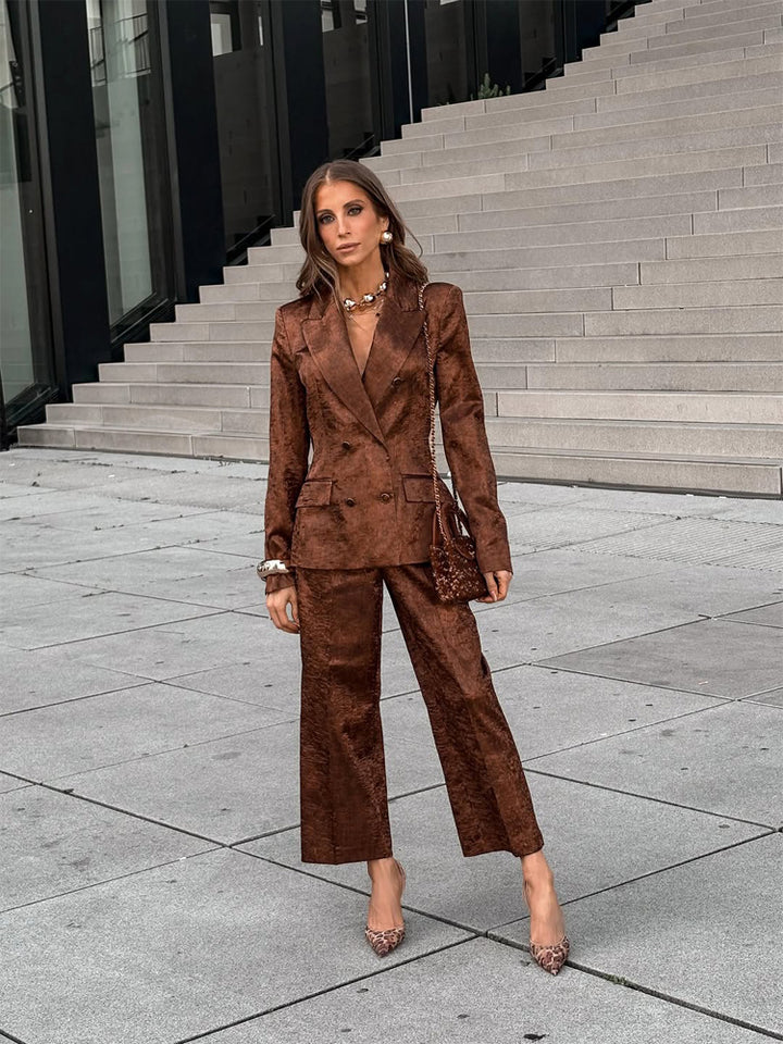 Damen Doppelreihiges Samt-Blazer und Cropped-Hose Co-Ord-Set Drune