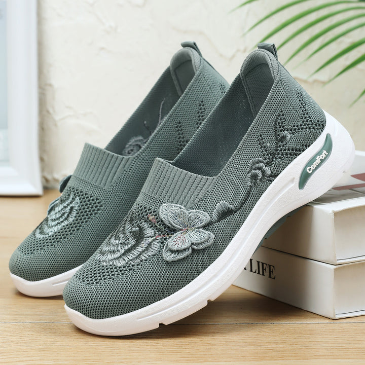 Damen nan gestrickter Slip-On Slipper mit 3D-Blumenstickerei und ergonomischer Komfort-Zwischensohle Drune