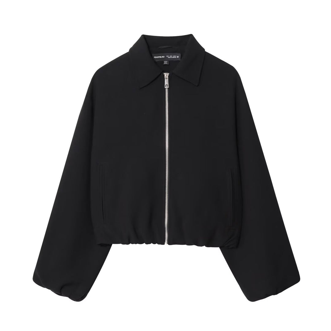 Damen Kurzjacke aus veganem Leder mit Kentkragen, durchgehendem Reißverschluss und gerafftem Saum Drune