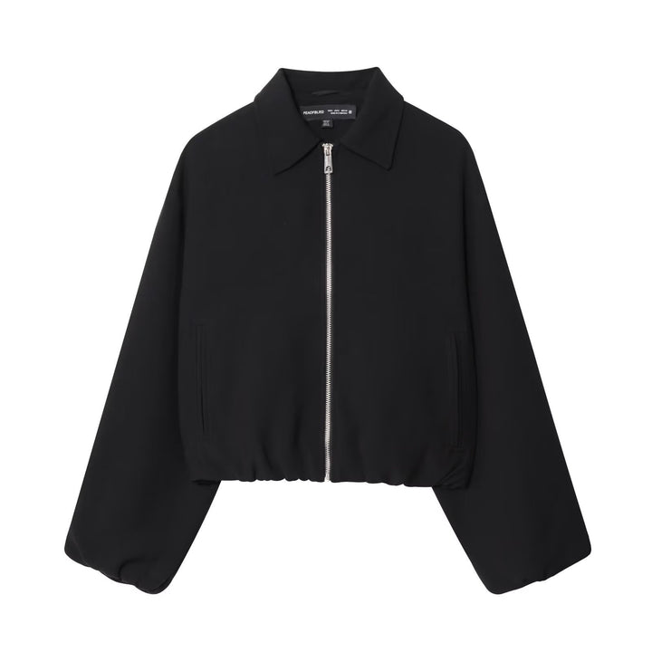 Damen Kurzjacke aus veganem Leder mit Kentkragen, durchgehendem Reißverschluss und gerafftem Saum Drune