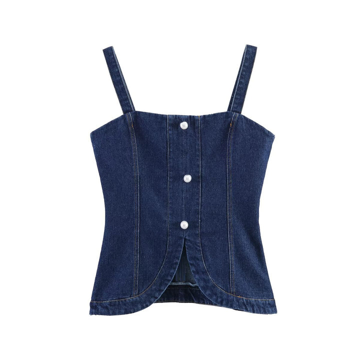 Damen Denim-Cami mit tailliertem Schnitt und dekorativen Knöpfen Drune