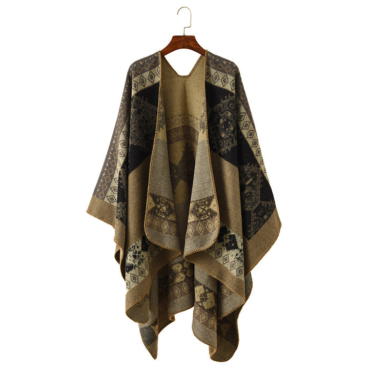Damen Oversize Poncho aus Jacquard-Strick mit geometrischem Ethno‑Muster Drune
