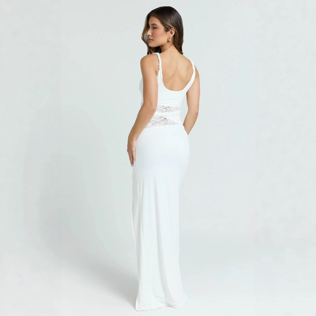 Damen Elegantes Abendkleid mit hohem Schlitz und Spitzeinsatz Drune