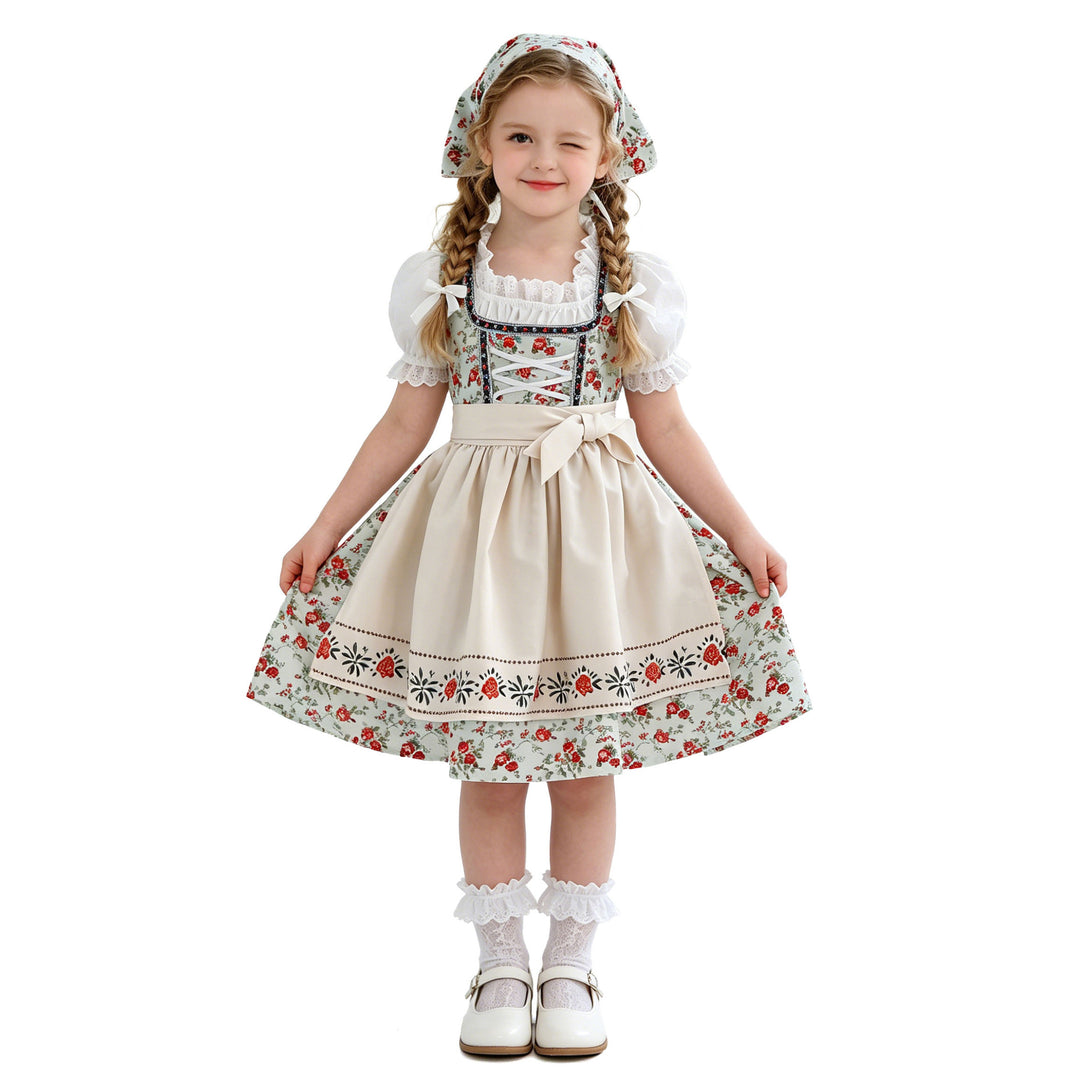 Damen nan traditionelles Kinderdirndl-Set mit Schnürkorsett, Puffärmeln und Kopftuch Drune
