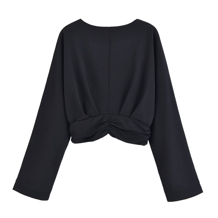 Damen legeres Blusenshirt mit Raffung und tiefem V-Ausschnitt Drune