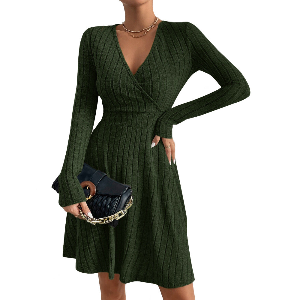 Damen figurschmeichelndes geripptes Wickel-Strickkleid mit tailliertem Bund und ausgestelltem Rock Drune