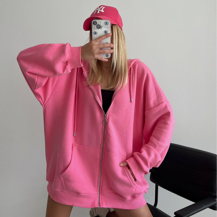 Damen Oversized Fleece-Hoodie mit Reißverschluss und Kängurutasche Drune