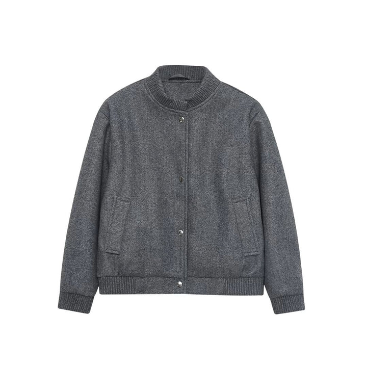 Damen Boxy Wollmix-Bomberjacke mit Rippkragen Druckknöpfen und Eingrifftaschen Drune