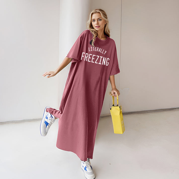 Damen nan lässiges Oversize Maxi-T-Shirt-Kleid mit Rundhals und Statement-Print Drune