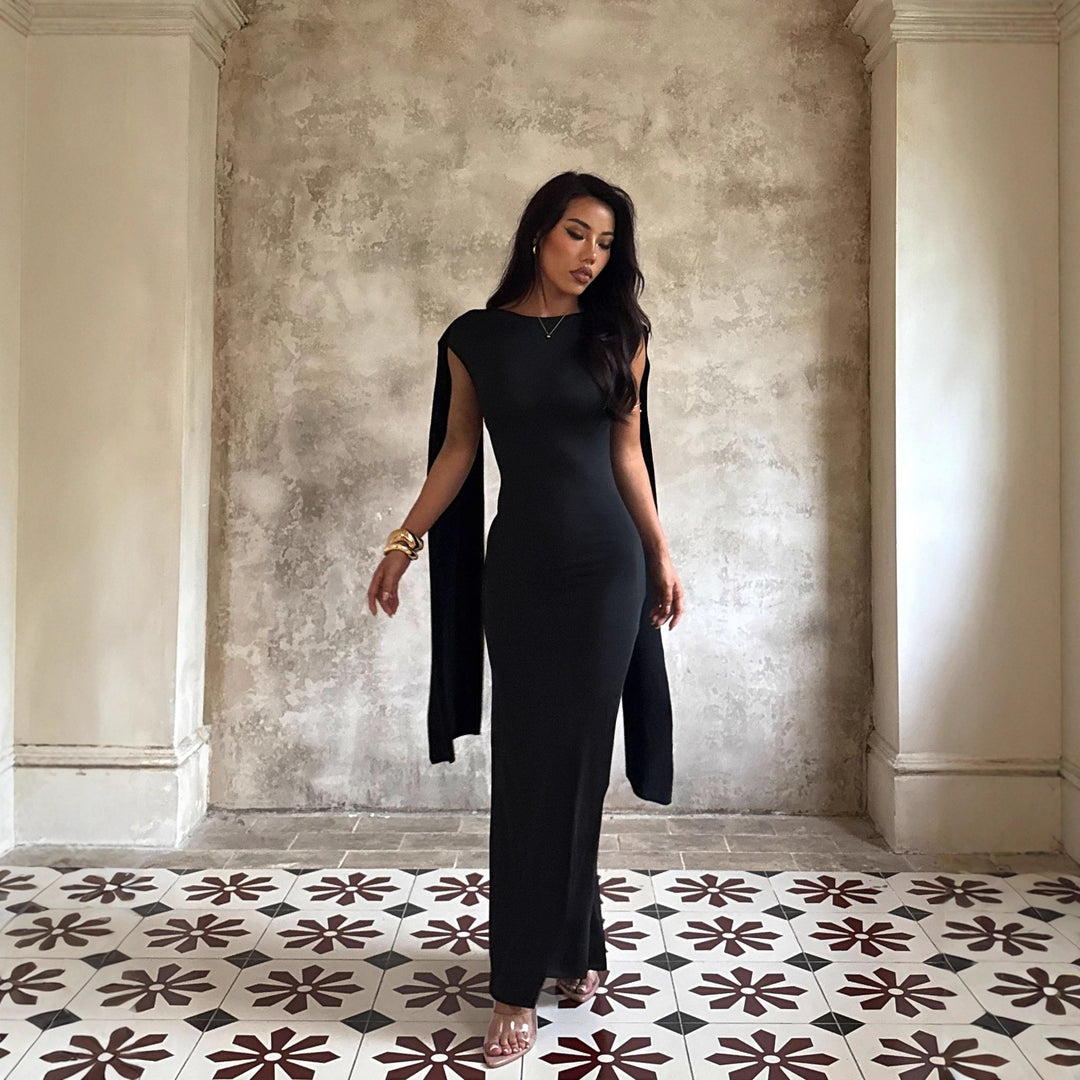 Damen elegantes Maxikleid mit raffinierten Ärmeldetails und fließender Silhouette Drune
