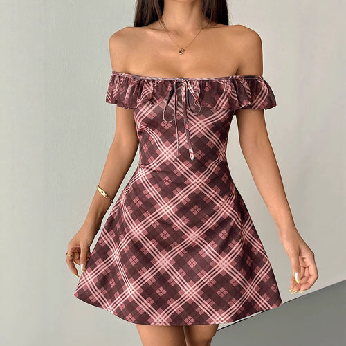 Damen Off-Shoulder Minikleid mit verspieltem Rüschensaum und kariertem Design Drune