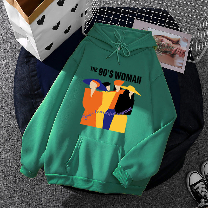 Damen nan weit geschnittener Kapuzenpullover mit Neunzigerjahre-Illustrationsprint, angerautem Fleece und Kängurutasche Drune