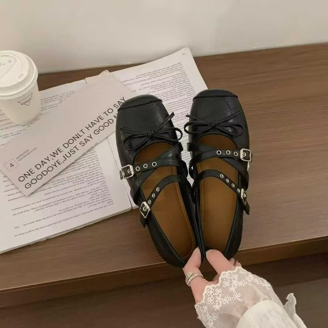 Damen Ballerina-Schuhe mit dekorativen Doppelschnallen und modischen Schleifen Drune