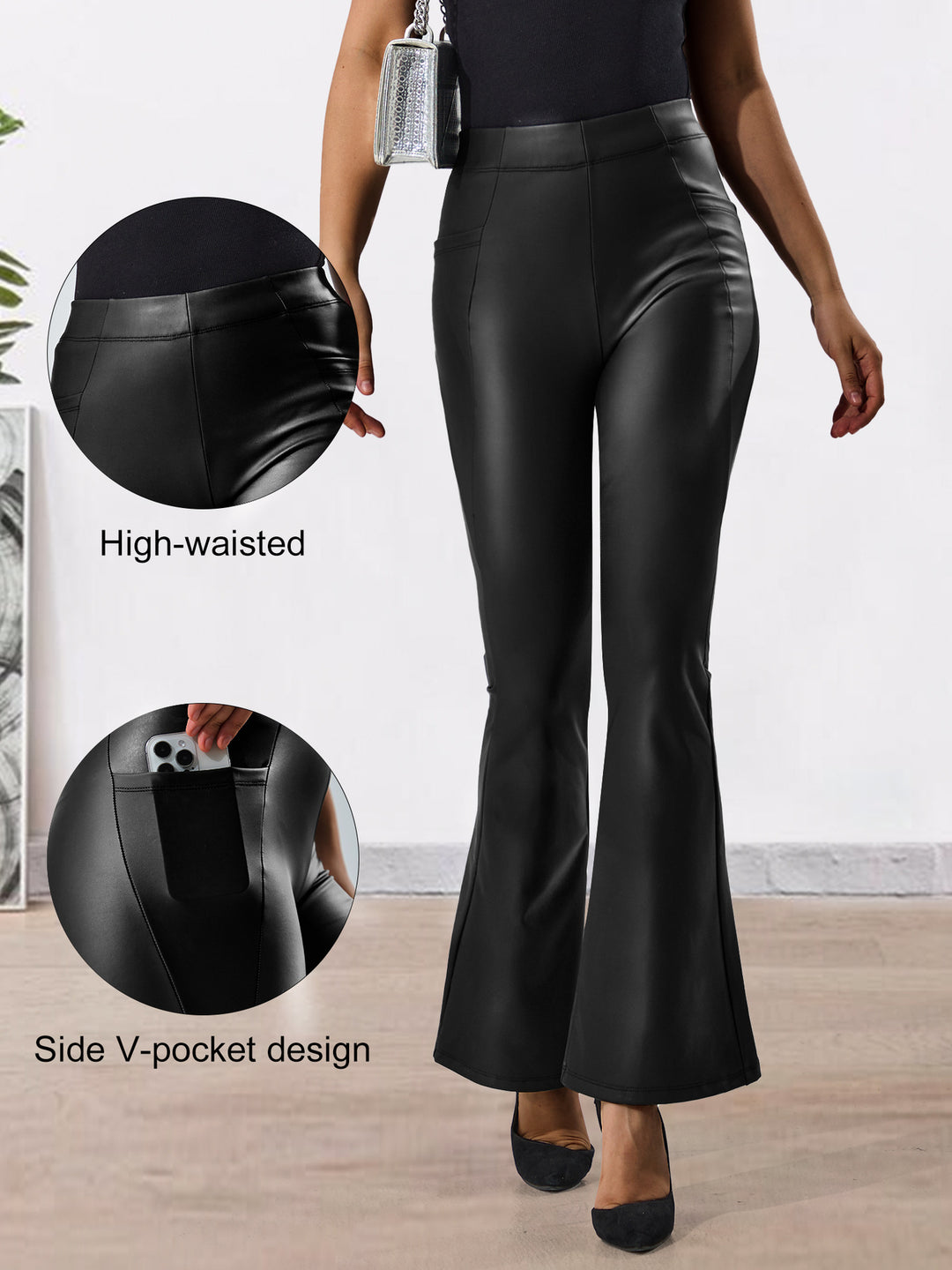 Damen Hochtaillierte Kunstleder-Flared-Leggings mit V-Seitentasche und figurformender Passform Drune