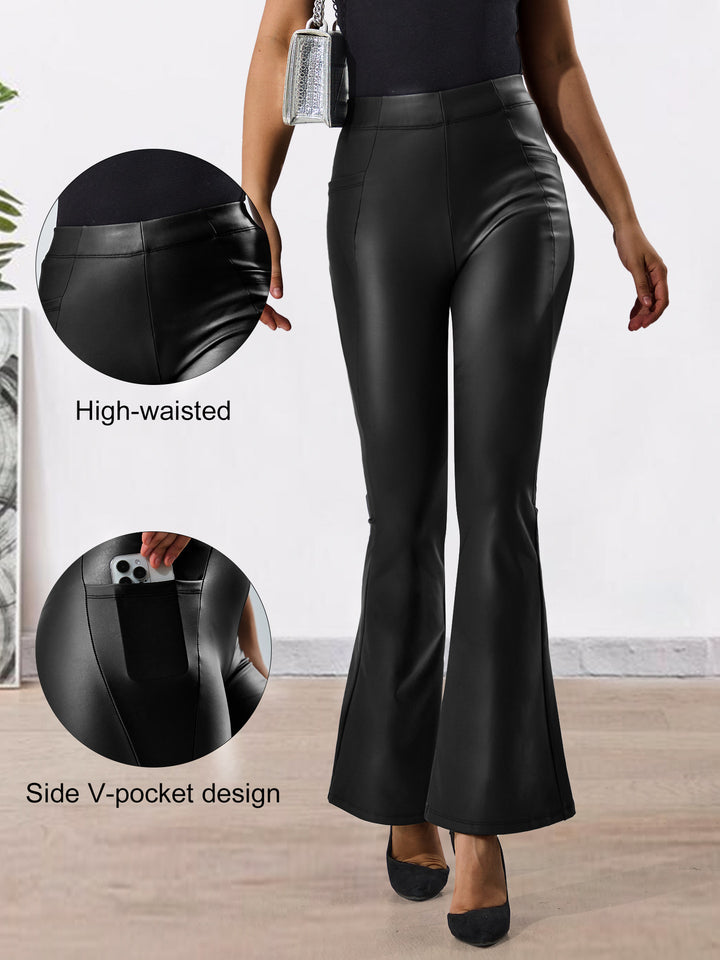 Damen Hochtaillierte Kunstleder-Flared-Leggings mit V-Seitentasche und figurformender Passform Drune